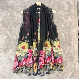 Anu M Medium Sheer Cardigan Shawl Open Flowy Vest Cape Black Floral Lagenlook